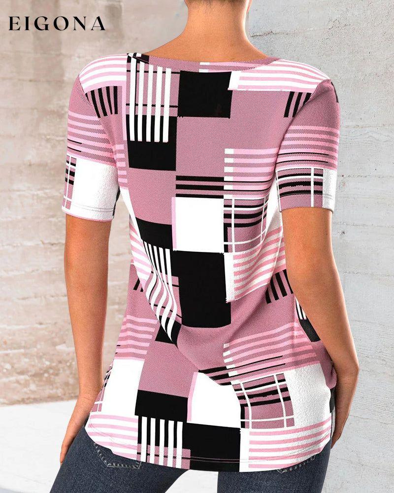 Check print V-neck T-shirt 23BF clothes cotton and linen Short Sleeve Tops Spring Summer T-shirts Tops/Blouses