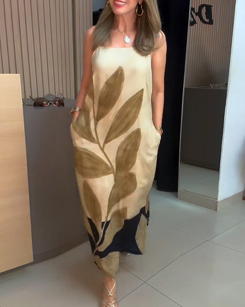 Spaghetti Strap Leaf Print Vacation Dress