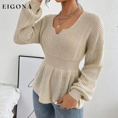 Notched Dropped Shoulder Knit Long Sleeve Top Khaki clothes long sleeve shirts long sleeve top long sleeve tops Ship From Overseas shirt shirts short sleeve shirt top tops X.W