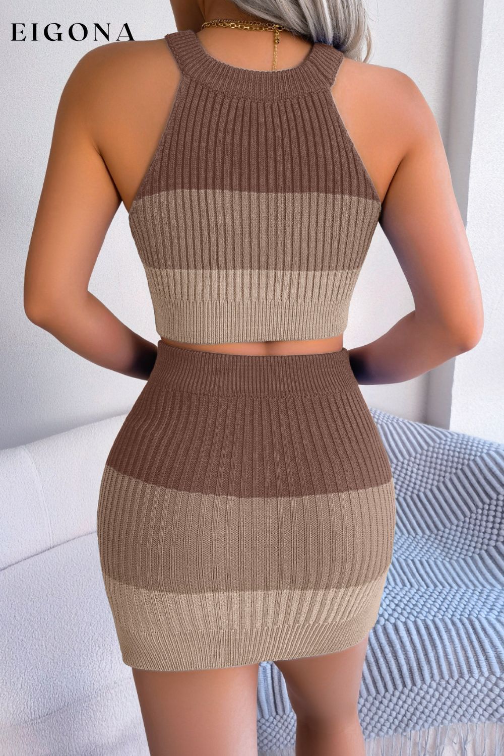 Color Block Sleeveless Crop Knit Top and Skirt Set B.J.S bottoms clothes crop top croptop sets Ship From Overseas skirts trend