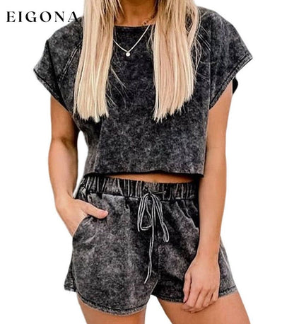 Black Acid Washed Short Lounge Set 2 pieces clothes Craft Washed Occasion Home Print Solid Color Season Summer set short set Style Casual