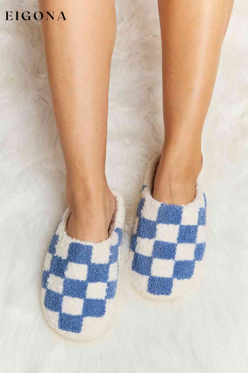 Checkered Print Plush Slide Slippers Cobalt Blue Melody Ship from USA Shoes womens shoes