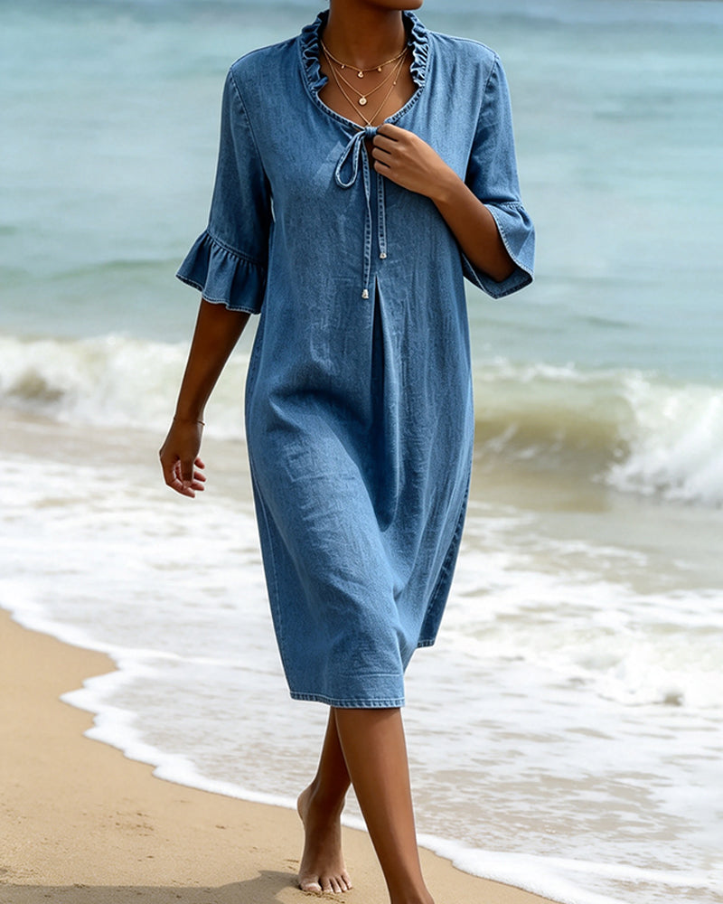 Ruffled Tie-Waist Denim Dress