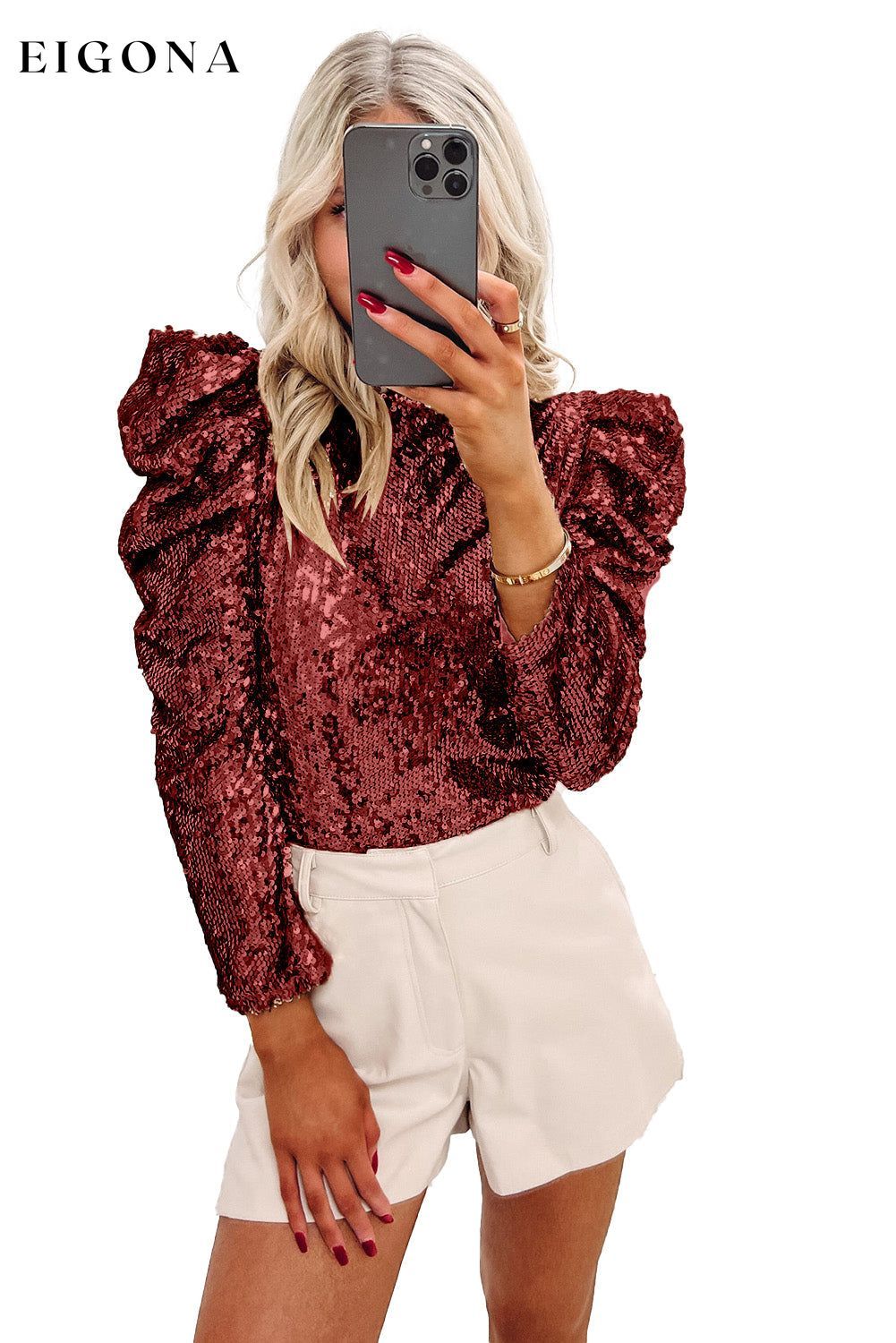 Burgundy Sequin Mock Neck Bubble Sleeve Top All In Stock Ball Graphic Collection clothes Color Red Craft Sequin Day Christmas Day Valentine's Day Hot picks long sleeve shirt long sleeve shirts long sleeve top long sleeve tops Occasion Night Out Print Solid Color Season Winter shirt shirts Sleeve Puff sleeve Style Southern Belle top tops
