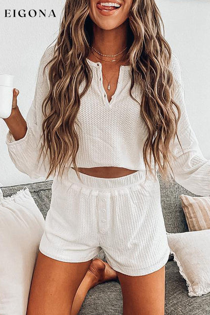 White Waffle Knit Buttoned Long Sleeve Crop and Shorts Lounge Set 2 pieces All In Stock clothes DL Exclusive Fabric Waffle Knit Hot picks Occasion Home Print Solid Color set short set Style Casual