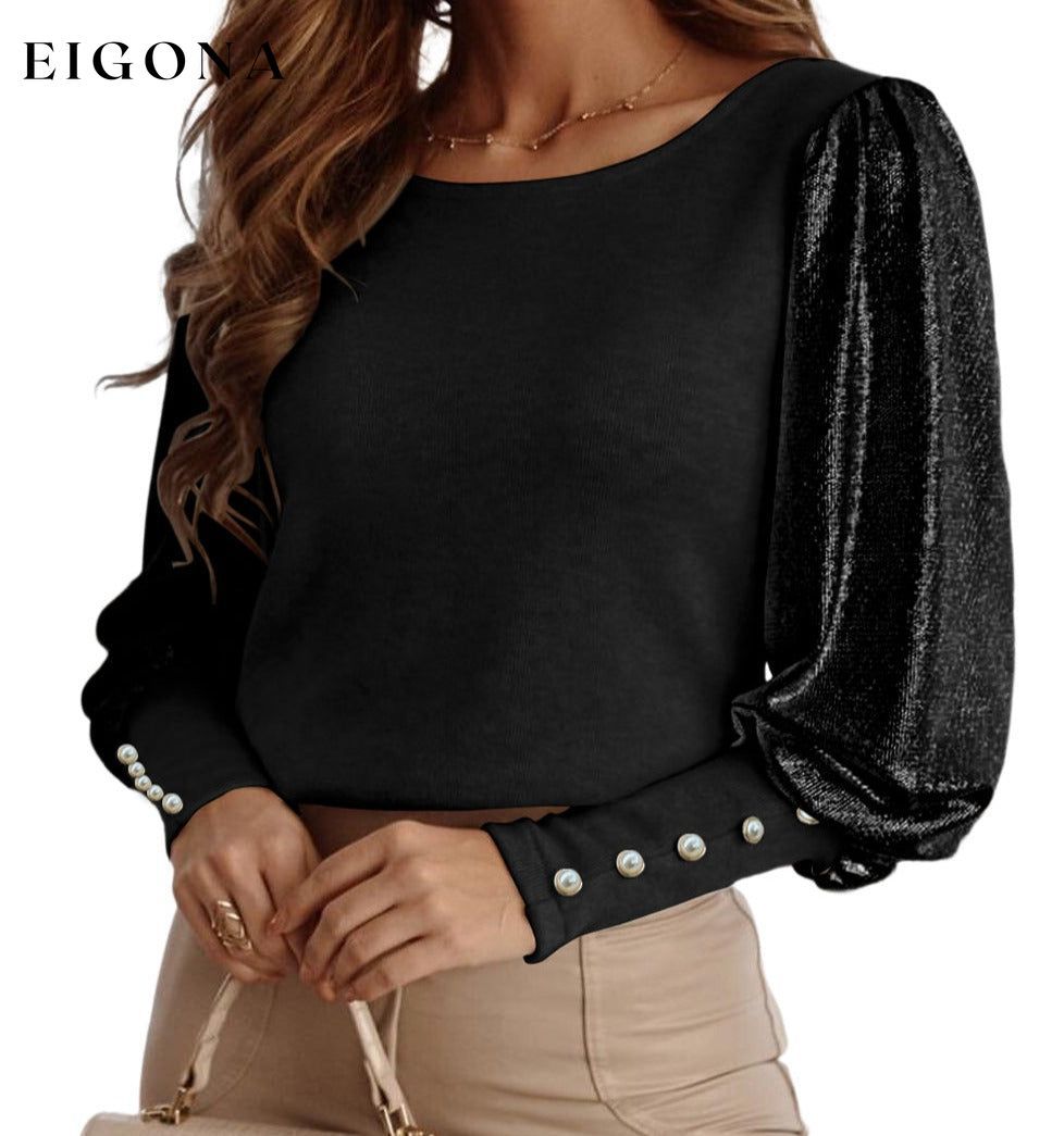 Black Buttoned Cuffs Shiny Puff Sleeves Sequin Top All In Stock clothes Craft Sequin long sleeve shirt long sleeve shirts long sleeve top long sleeve tops Occasion Daily Print Solid Color Season Fall & Autumn shirt shirts Style Elegant top tops