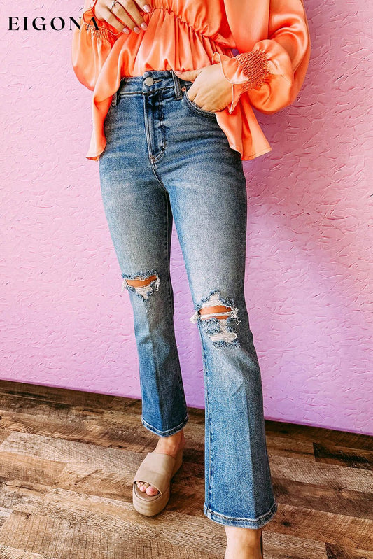 Sky Blue Distressed Ripped Flare Jeans Sky Blue 65%Cotton+33%polyester+2%Elastane All In Stock bottoms clothes Color Blue Craft Distressed Fabric Denim Jeans Occasion Daily Season Spring Style Southern Belle