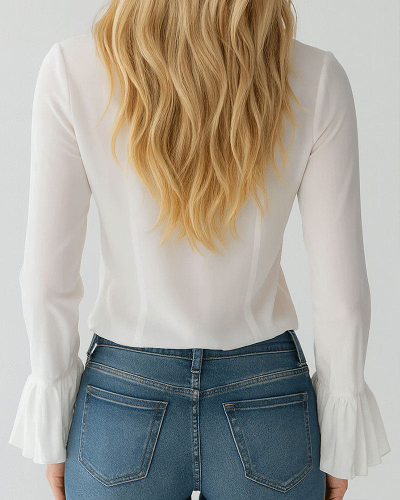 Bell-Sleeved Solid Color Ruffle Blouse