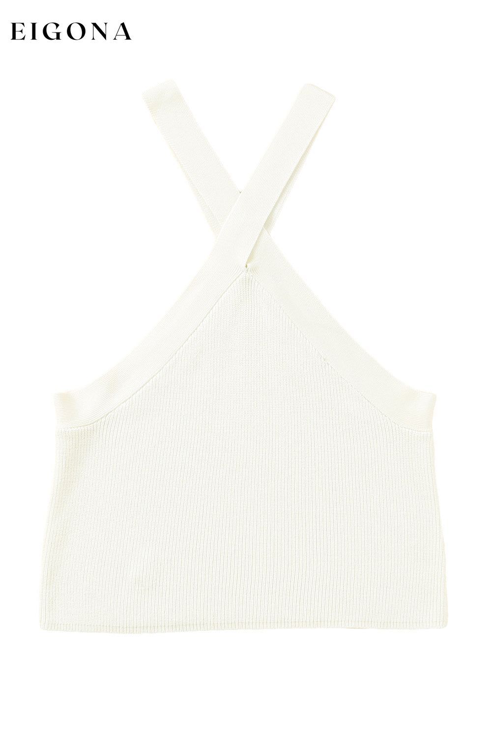 White Ribbed Knit Criss Cross Halter Neck Tank Top clothes crop top Fabric Ribbed Fabric Textured Occasion Rock & Music Occasion Vacation Print Solid Color Season Summer tops
