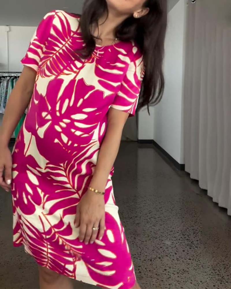 Fashion leaf print short sleeve dress 202466 casual dresses summer