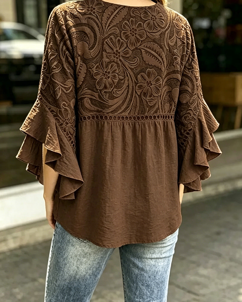 Vintage Floral Print Asymmetrical Ruffle Sleeve Blouse