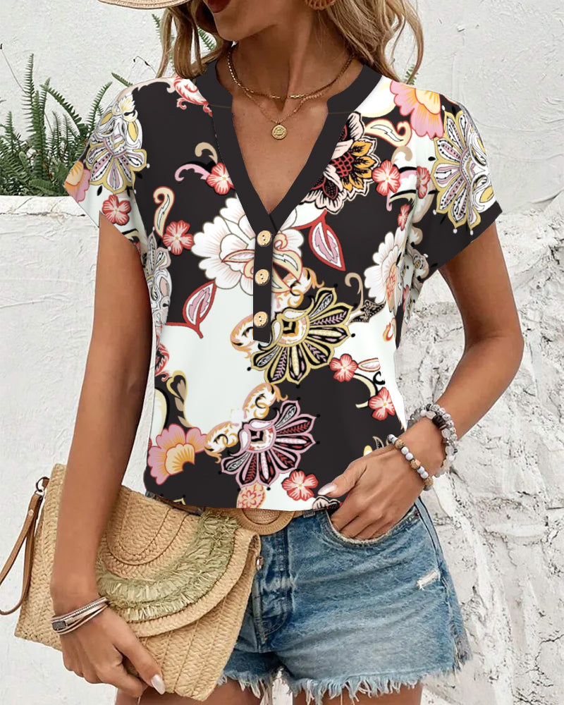 V-Neck Printed Button Short-Sleeved Blouse