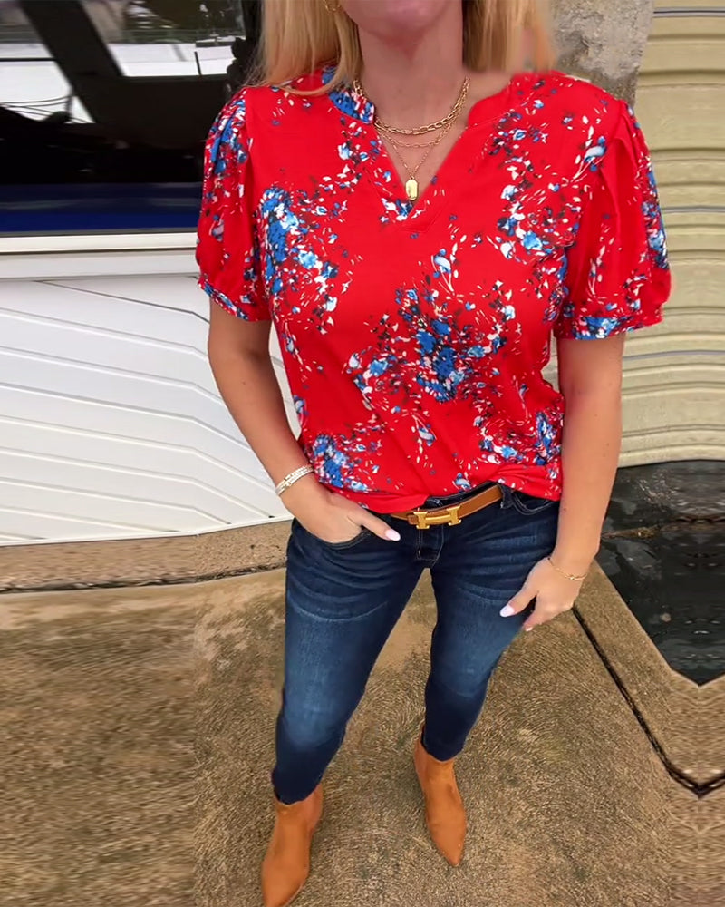 V-Neck Floral Print Short-Sleeved T-Shirt