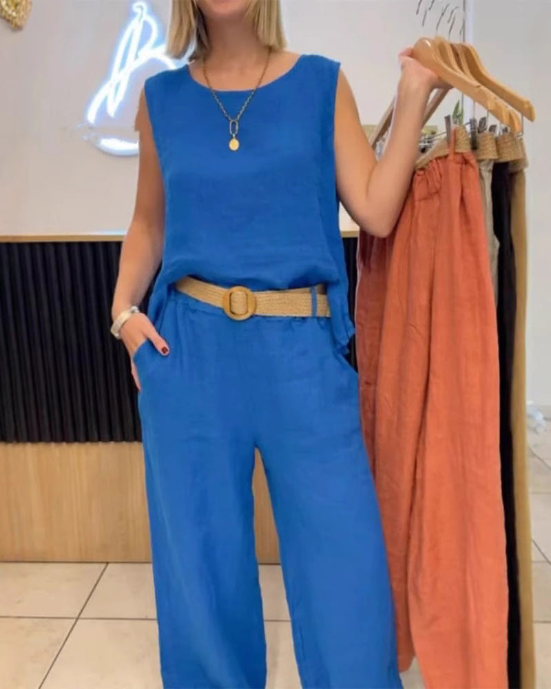 Cotton And Linen Solid Color Sleeveless Trousers Set