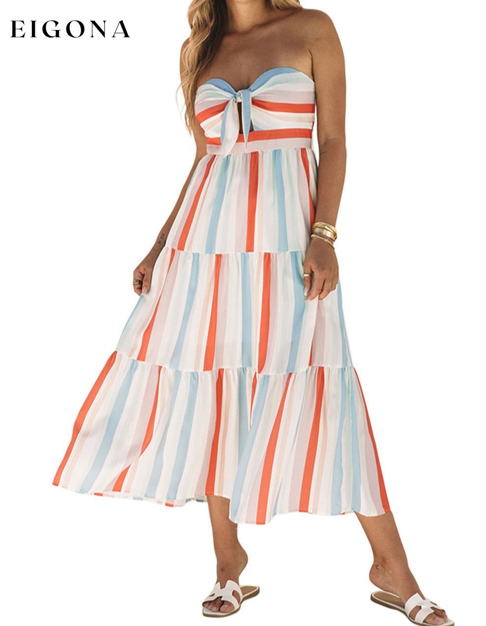 Multicolor Striped Tie Decor Strapless Tiered Maxi Dress casual dress casual dresses clothes Collar One Shoulder DL Exclusive dress dresses midi dress Occasion Vacation Print Color Block Season Summer Sleeve Sleeveless Style Casual