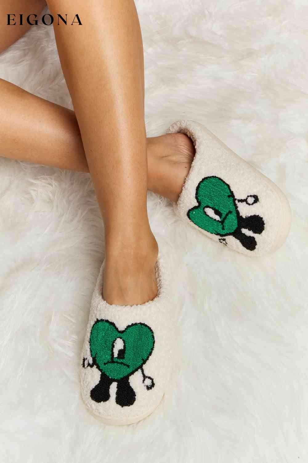 Love Heart Print Plush Slippers Green Melody Ship from USA Shoes womens shoes