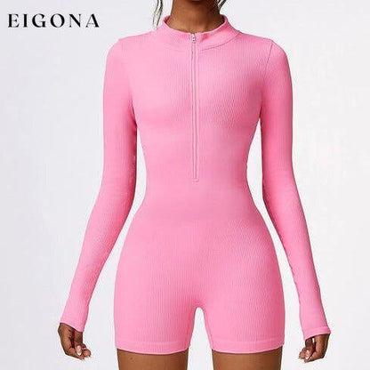 Half Zip Long Sleeve Activewear Long Sleeve Romper Fuchsia Pink activewear clothes Ship From Overseas Z&C