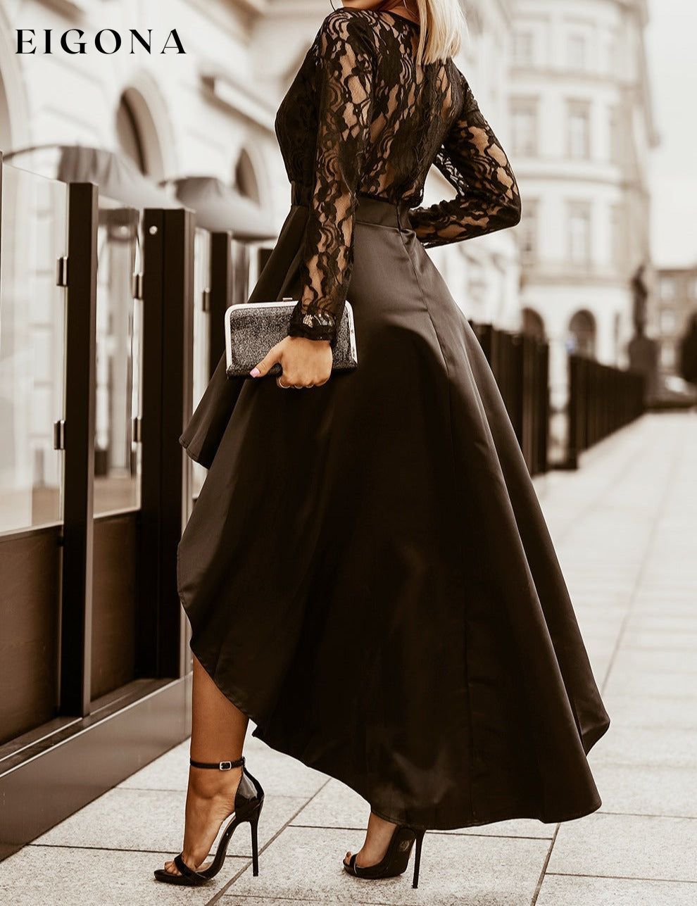 Black Long Sleeve Lace High Low Long Sleeve Satin Evening Dress clothes DL Exclusive dress dresses evening dress evening dresses Evening Dresses Wholesale Fabric Lace Fabric Satin formal dresses Lace maxi dress Occasion Wedding Prom Season Four Seasons Style Elegant