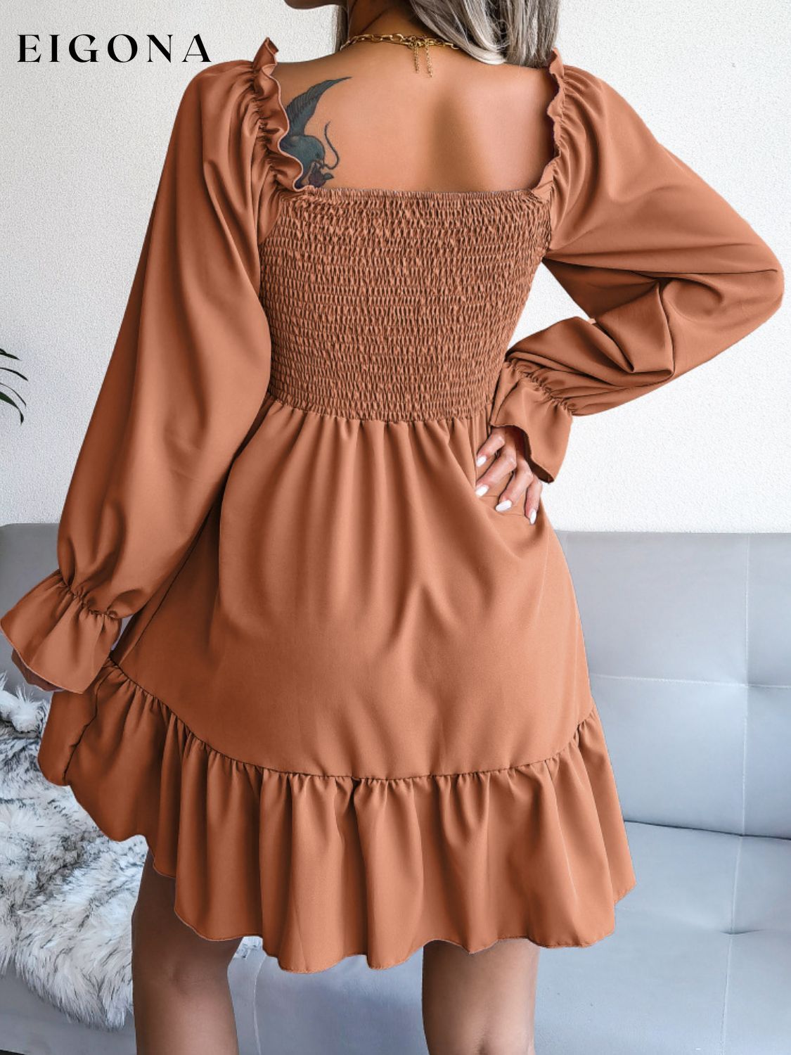 Smocked Flounce Sleeve Square Neck Dress B.J.S casual dress casual dresses clothes dresses Hundredth long sleve dresses midi dresses Ship From Overseas trend trends