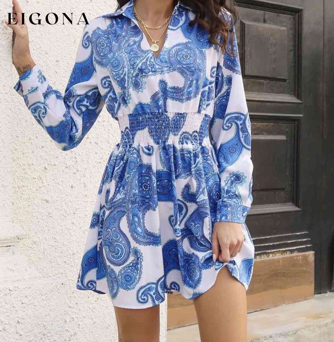 Print Johnny Collar Smocked Dress .925 B&S clothes Ship From Overseas