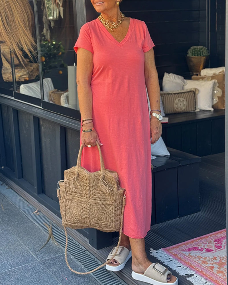 Abito lungo a maniche corte in tinta unita con scollo a V