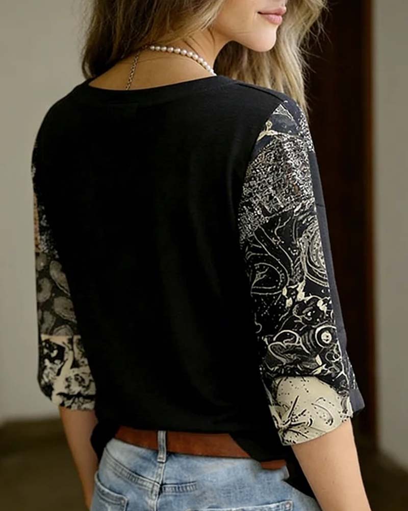 Vintage Music Note Guitar Print Blouse