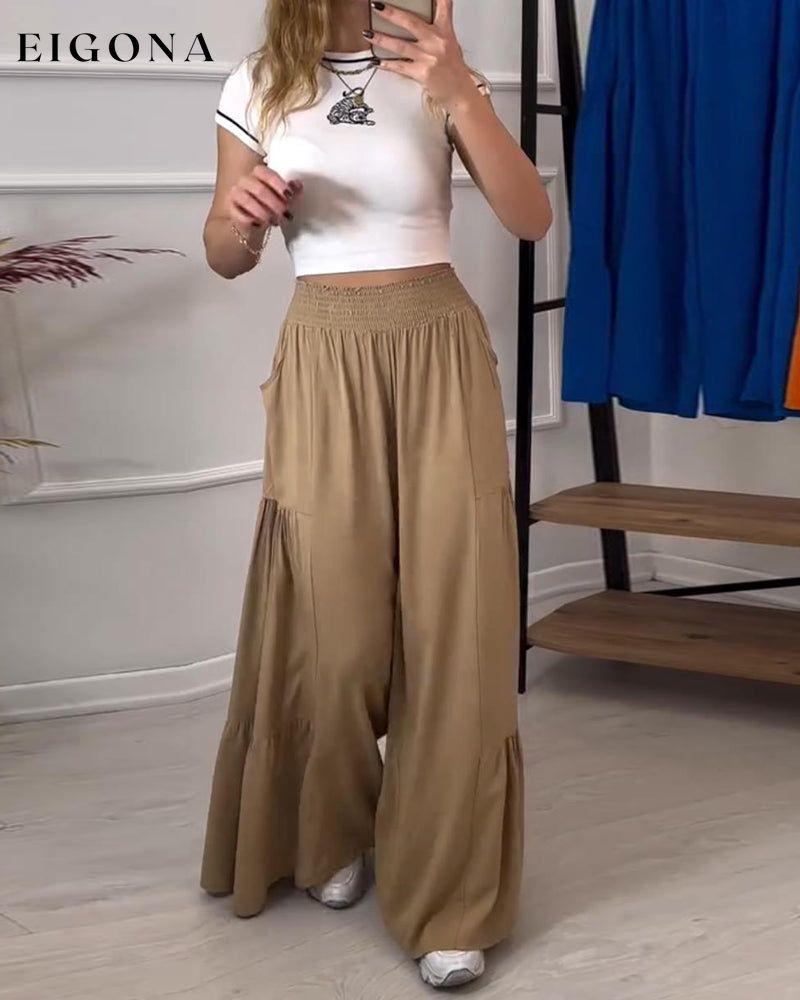 Stylish solid color pocket pleated wide leg pants pants spring summer