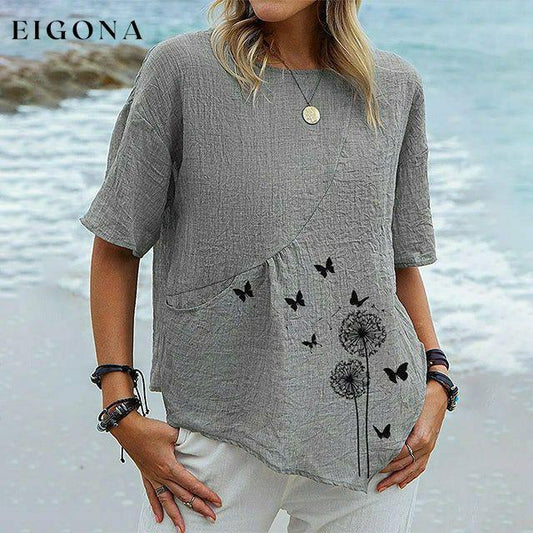 【Cotton And Linen】Butterfly And Dandelion Print T-Shirt Gray best Best Sellings clothes Cotton and Linen Plus Size Sale tops Topseller
