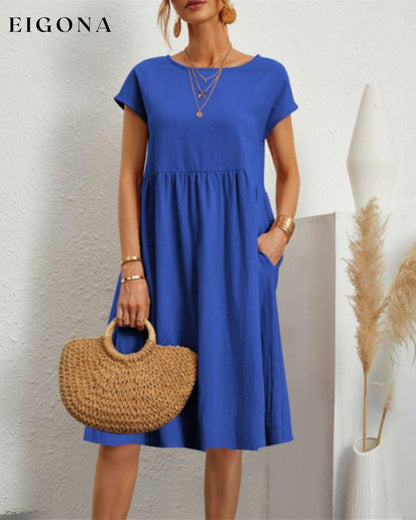 Round neck loose cotton and linen dress Blue 23BF casual dresses Clothes Cotton and Linen discount Dresses Spring summer