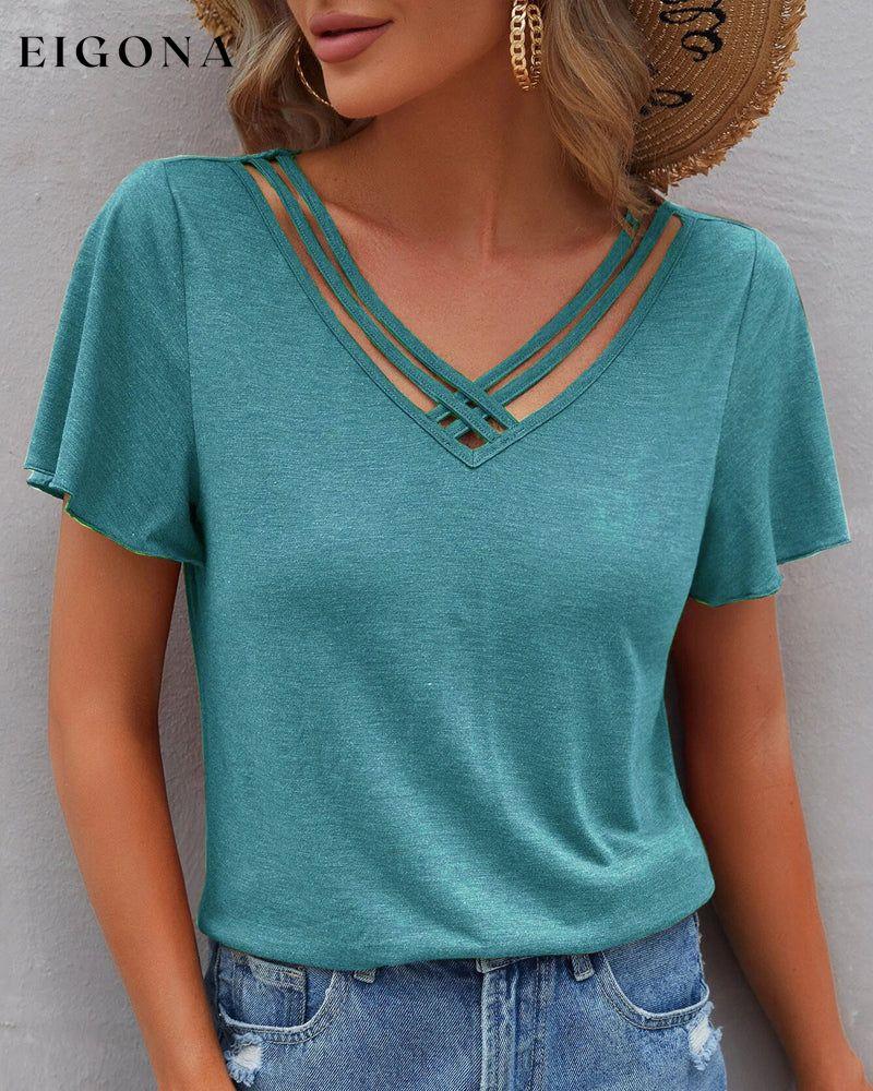 Solid color Cut Out T-shirt Cyan 23BF clothes Short Sleeve Tops Summer T-shirts Tops/Blouses