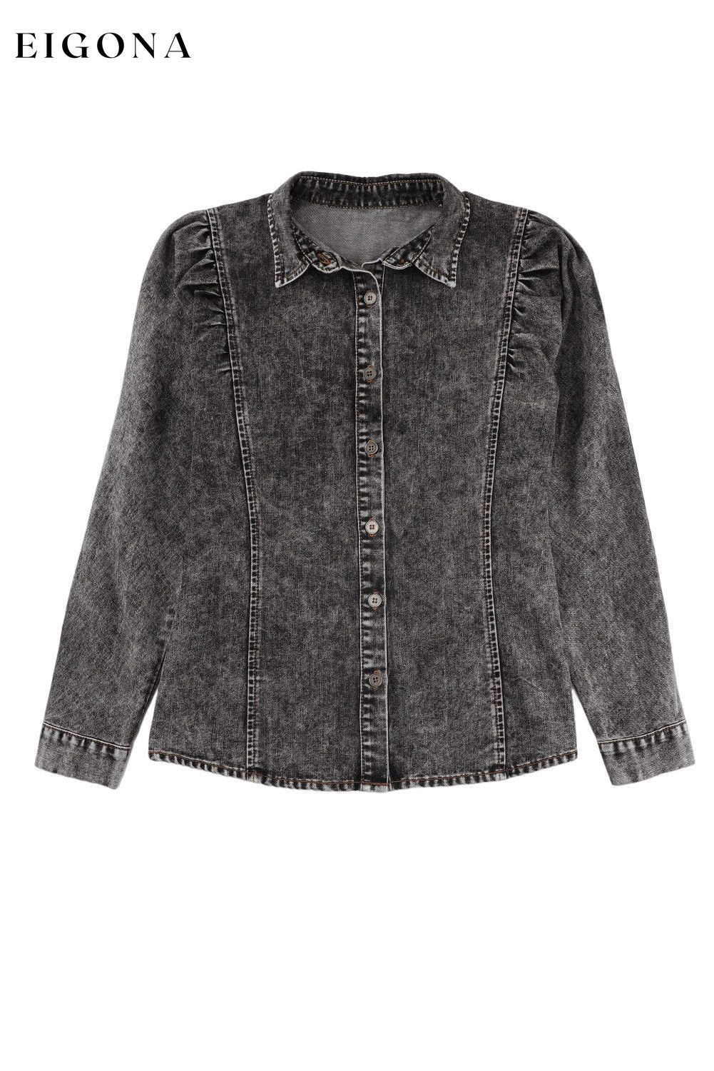 Black Puff Sleeve Button-Up Denim Jacket clothes Fabric Denim long sleeve shirt long sleeve shirts long sleeve top long sleeve tops Occasion Daily Print Solid Color Season Fall & Autumn shirt shirts Style Elegant top tops