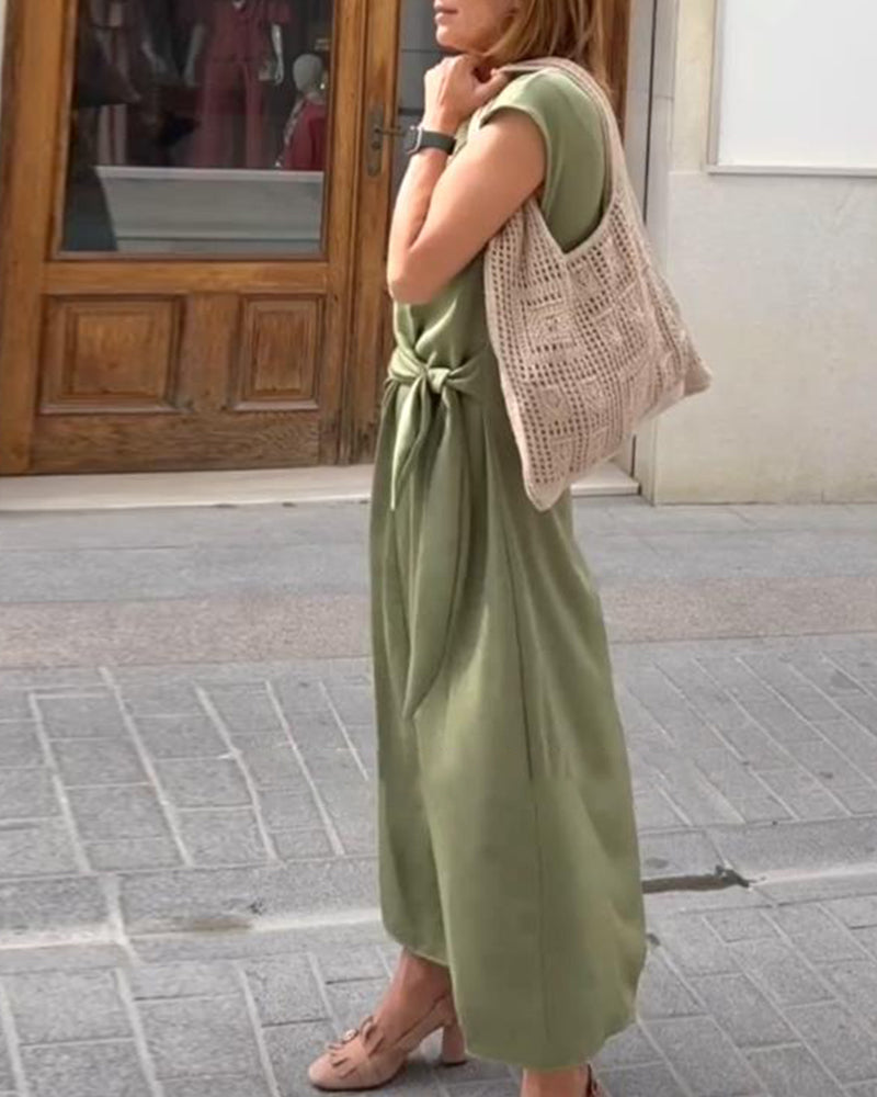 Temperament Solid Color Waist Tie Dress