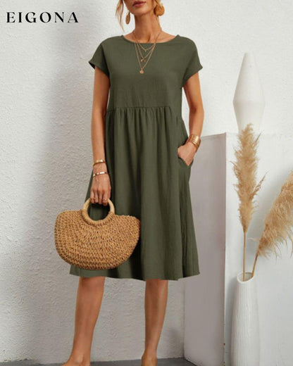 Round neck loose cotton and linen dress Green 23BF casual dresses Clothes Cotton and Linen discount Dresses Spring summer