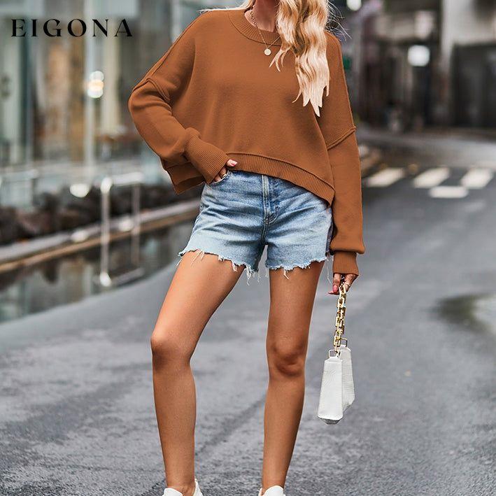 Dropped Shoulder Round Neck Long Sleeve Knit Top clothes SF Knit Ship From Overseas trend