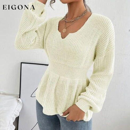 Notched Dropped Shoulder Knit Long Sleeve Top Ivory clothes long sleeve shirts long sleeve top long sleeve tops Ship From Overseas shirt shirts short sleeve shirt top tops X.W