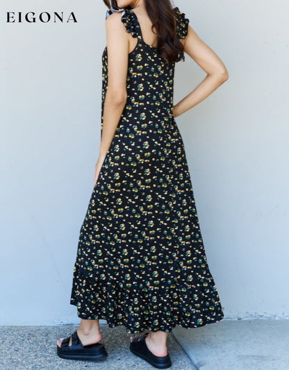 Ruffle Floral Maxi Dress in Black Yellow Floral casual dress casual dresses clothes dress dresses Labor Day Sale maxi dress maxi dresses Ninexis Ship from USA
