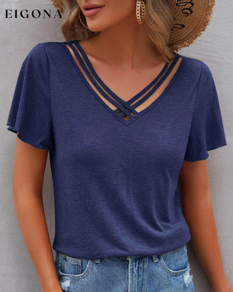 Solid color Cut Out T-shirt Dark blue 23BF clothes Short Sleeve Tops Summer T-shirts Tops/Blouses