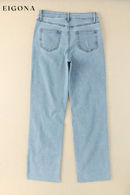 Sky Blue Distressed Frayed Hem Holed Straight Leg Loose Jeans All In Stock bottoms clothes DL Chic DL Exclusive Fabric Denim Jeans Occasion Daily pants Print Solid Color Season Fall & Autumn Season Spring Style Casual Women's Bottoms