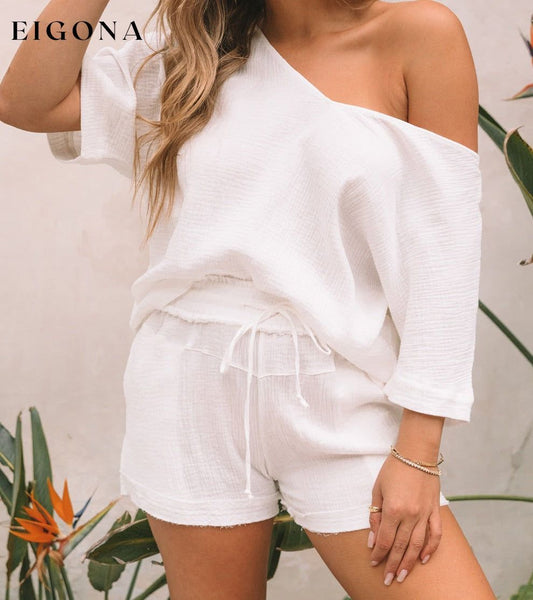 White Relaxed V Neck Blouse and Drawstring Raw Hem Shorts Set White 100%Cotton 2 pieces All In Stock clothes DL Exclusive Fabric Linen Occasion Vacation Print Solid Color Season Summer set short set Style Casual