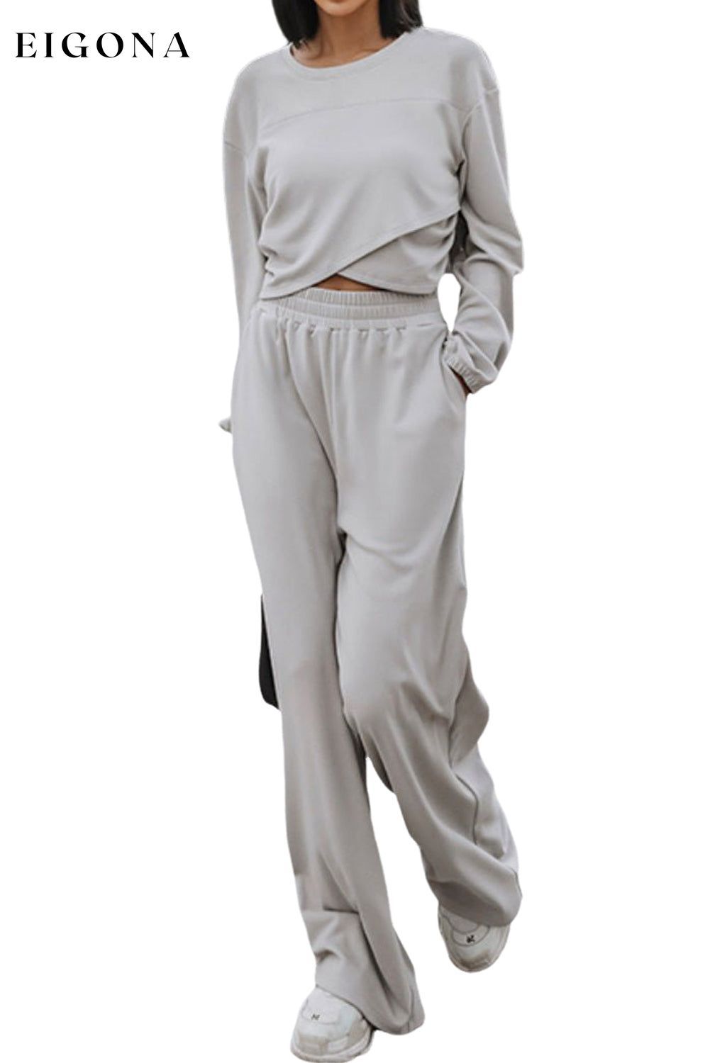 Light Grey Solid Criss Cross Crop Top and Pants Active Set Loungewear Activewear sets clothes EDM Monthly Recomend lounge lounge wear loungewear Occasion Home Print Solid Color Season Fall & Autumn set sets Silhouette Wide Leg Style Casual