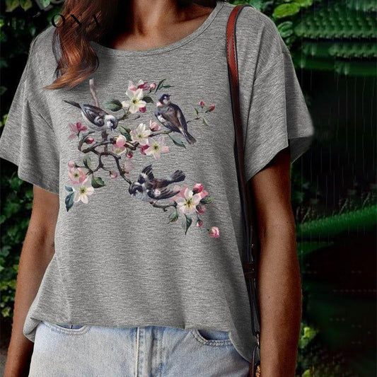 【100% Cotton】Floral And Animal Print T-Shirt Gray 100% Cotton best Best Sellings clothes Plus Size Sale tops Topseller