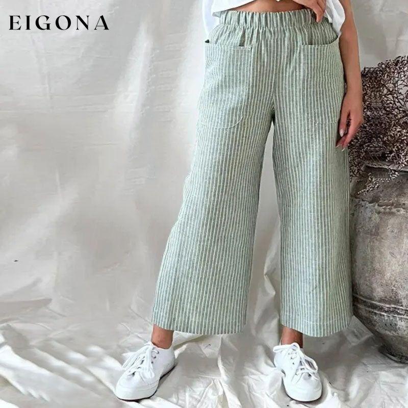 【Cotton And Linen】Casual Striped Trousers Green best Best Sellings bottoms clothes Cotton And Linen pants Sale Topseller