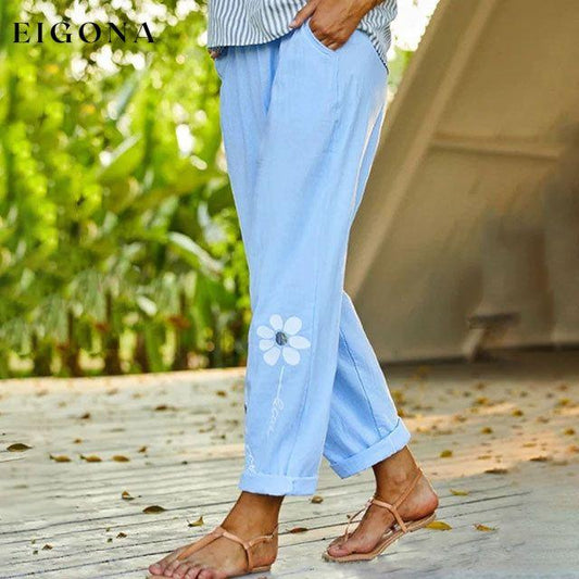 Casual Floral Print Pants Sky Blue best Best Sellings bottoms clothes Cotton And Linen pants Plus Size Sale Topseller