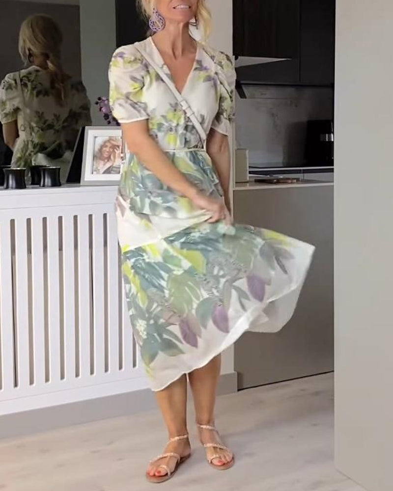 Elegant floral print short-sleeve patchwork dress 202466 casual dresses summer