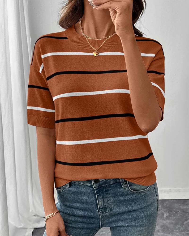 Stripe Contrast Color Short Sleeve Knit Pullover