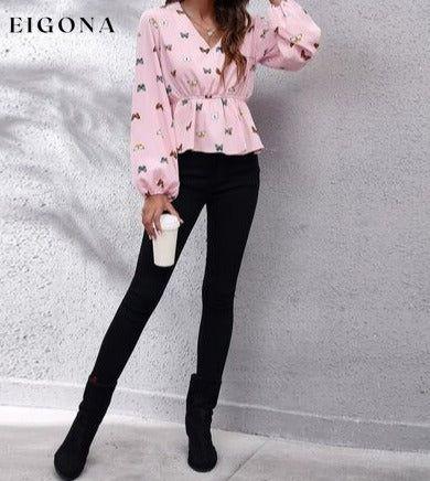 Butterfly V-Neck Balloon Sleeve Peplum Blouse B&S clothes long sleeve shirt long sleeve shirts long sleeve top long sleeve tops Ship From Overseas shirt shirts top tops