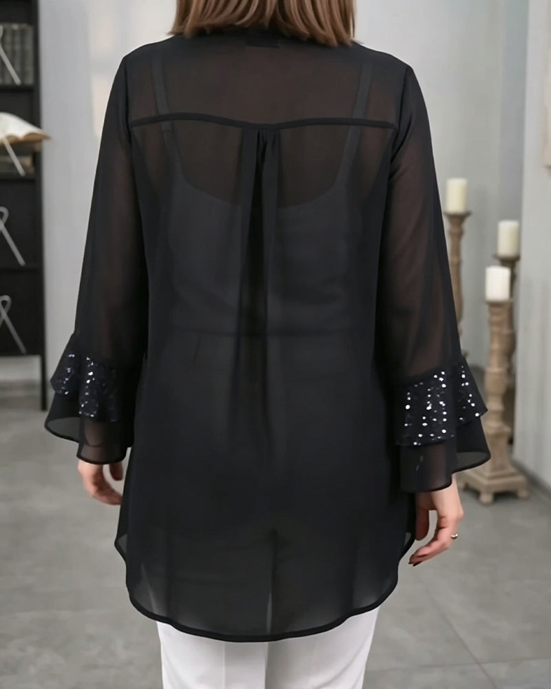 Lapel Buttoned Ruffle See-Through Top autumn spring top