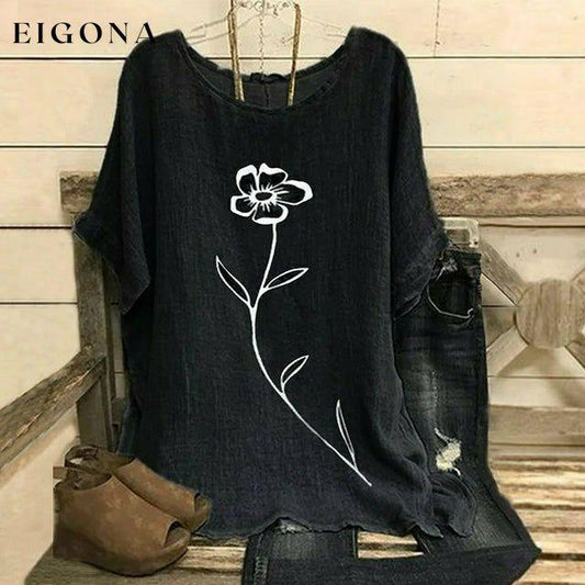 【Cotton And Linen】Floral Print Casual T-Shirt Black best Best Sellings clothes Cotton and Linen Plus Size Sale tops Topseller