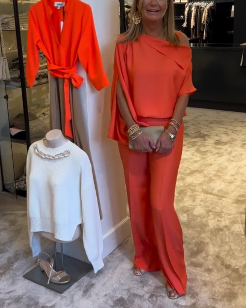 Fashion solid color off-shoulder slit sleeve set 202466 spring summer two-piece sets