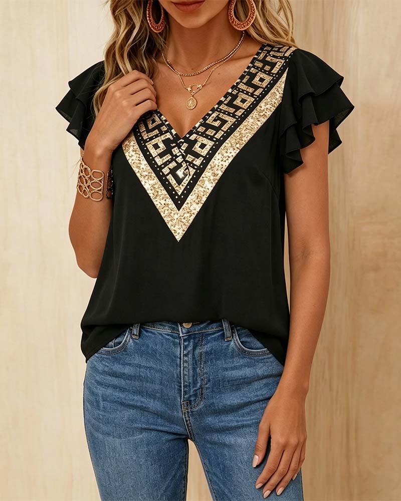 Lotus Leaf Print V-Neck Contrast Blouse